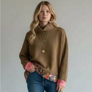 Zara Upcycled Boho Camel Tan Sweater Floral Pink Hem Colorblock L XL